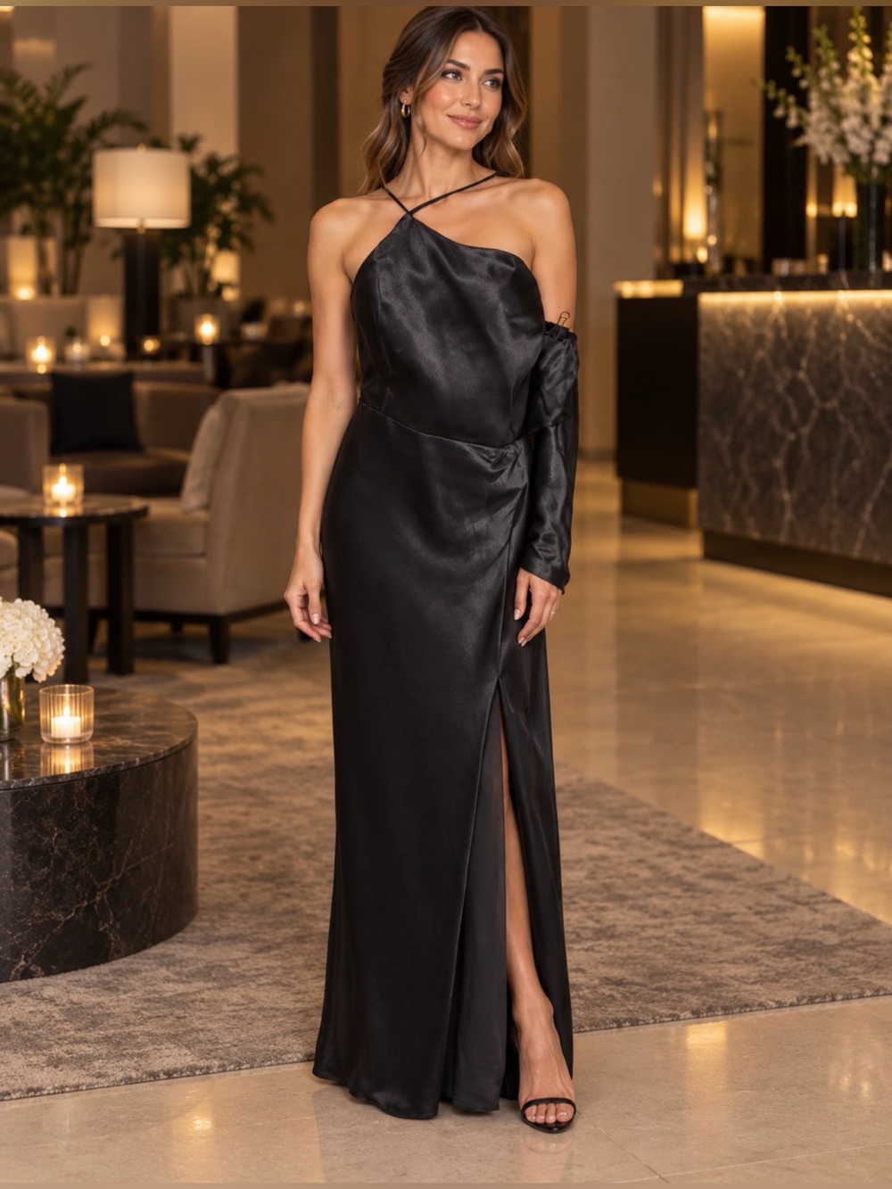 Birdy Grey Black One Shoulder Cocktail special occasion Gown dress front slit